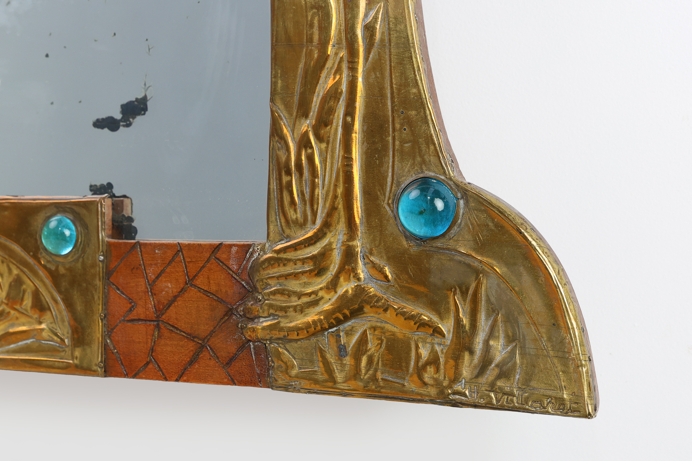 Art Nouveau Mirror in Brass and Glass Inlay, Signed A.H. Villaket, France ca. 1910thumbnail
